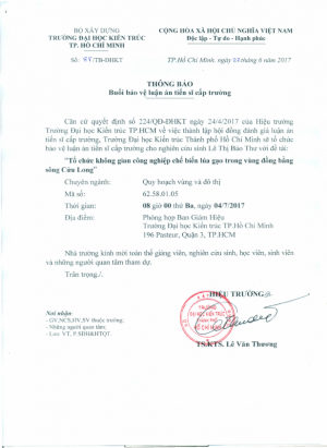 Thông báo buổi bảo vệ luận án tiến sĩ cấp Trường của NCS Lê Thị Bảo Thư
