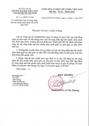 Công văn số 140/ĐHKT-TCNS ngày 02/3/2023 về việc triển khai Lịch xét công nhận đạt tiêu chuẩn chức danh GS, PGS năm 2023