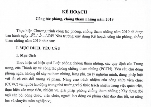 Kế hoạch và chương trình phòng, chống tham nhũng năm 2019