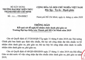 Kết quả xét đề nghị bổ nhiệm chức danh phó giáo sư Trường Đại học Kiến trúc TP. Hồ Chí Minh năm 2019