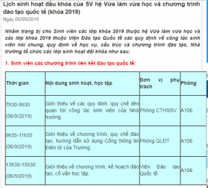 Lịch sinh hoạt đầu khóa của SV hệ Vừa làm vừa học và SV chương trình đào tạo quốc tế (khóa 2019)