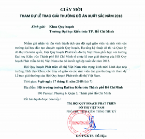 Mời tham dự Lễ trao giải thưởng đồ án xuất sắc của Hội Quy hoạch Việt Nam