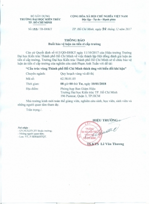 Thông báo buổi bảo vệ luận án tiến sĩ cấp trường của NCS Phạm Anh Tuấn