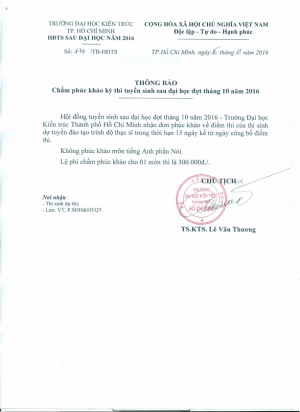 Thông báo chấm phúc khảo kỳ thi tuyển sinh Sau đại học đợt tháng 10/2016