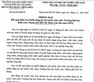 Thông báo kết quả kiểm tra Phiếu đăng ký dự tuyển viên chức ĐH Kiến trúc TP.HCM (chỉ tiêu năm 2019)
