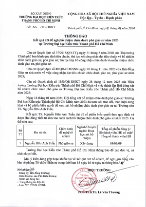 Thông báo số 55/TB-ĐHKT về Kết quả xét đề nghị bổ nhiệm chức danh phó giáo sư năm 2023 tại Trường Đại học Kiến trúc Thành phố Hồ Chí Minh