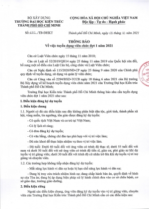 Thông báo số 632/TB-ĐHKT ngày 08/10/2021 của Trường Đại học Kiến trúc Thành phố Hồ Chí Minh về việc tuyển dụng viên chức đợt 1 năm 2021