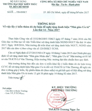 Thông báo về việc lấy ý kiến thăm dò dư luận đề nghị tặng danh hiệu Nhà giáo ưu tú