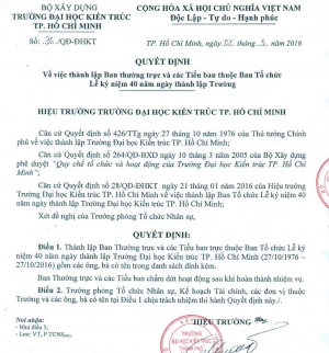 Quyết định thành lập Ban thường trực và các Tiểu ban thuộc Ban Tổ chức Lễ kỷ niệm 40 ngày thành lập Trường